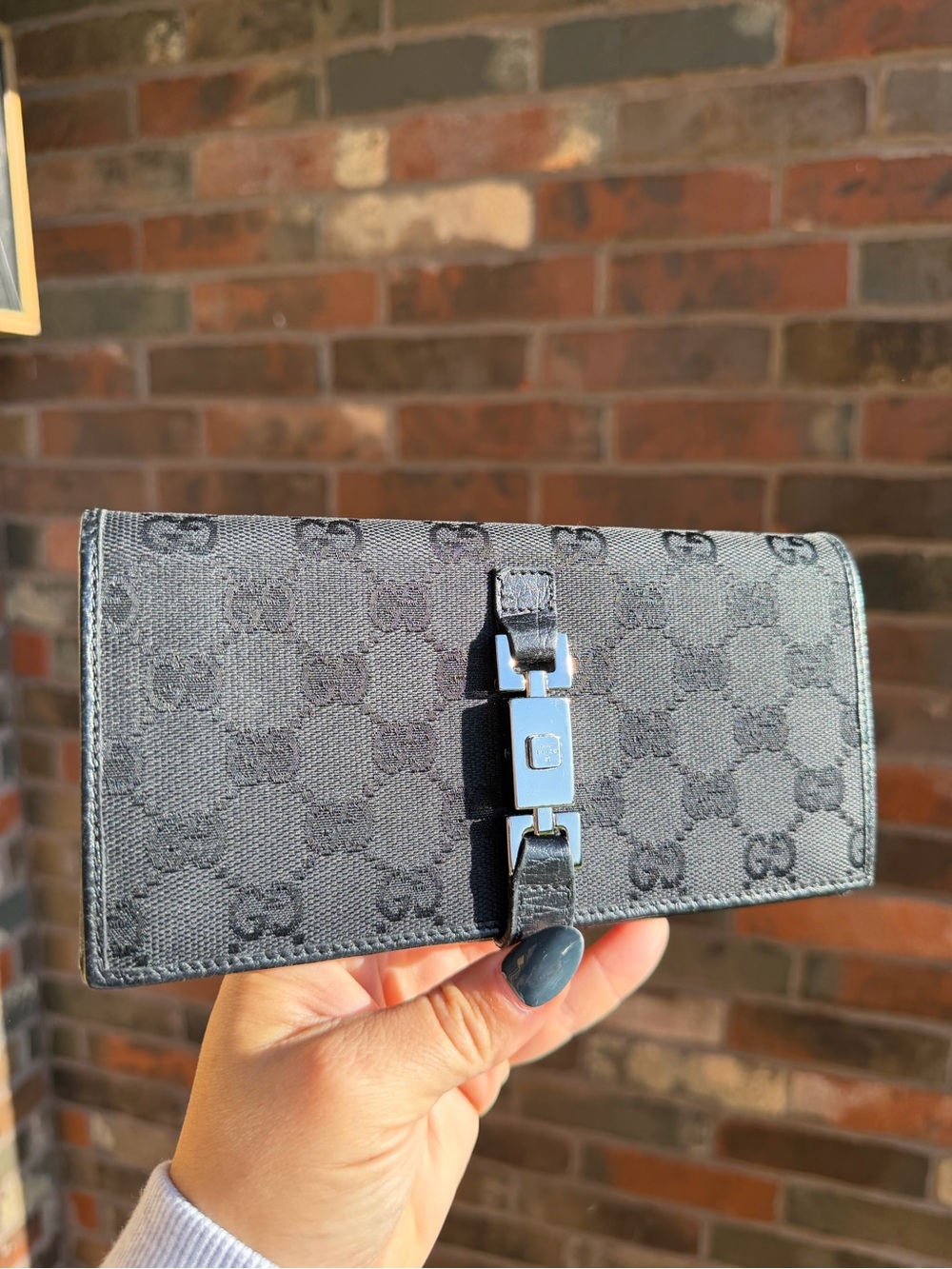 Gucci Black Monogram Jackie Continental Long Wallet with Silver Piston Clasp GG